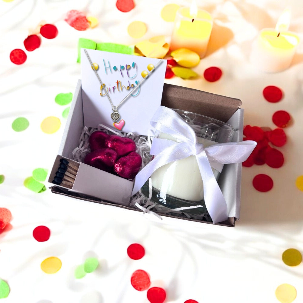 Small Birthday Hamper Cubic Zirconia Heart Necklace, Chocs & Candle