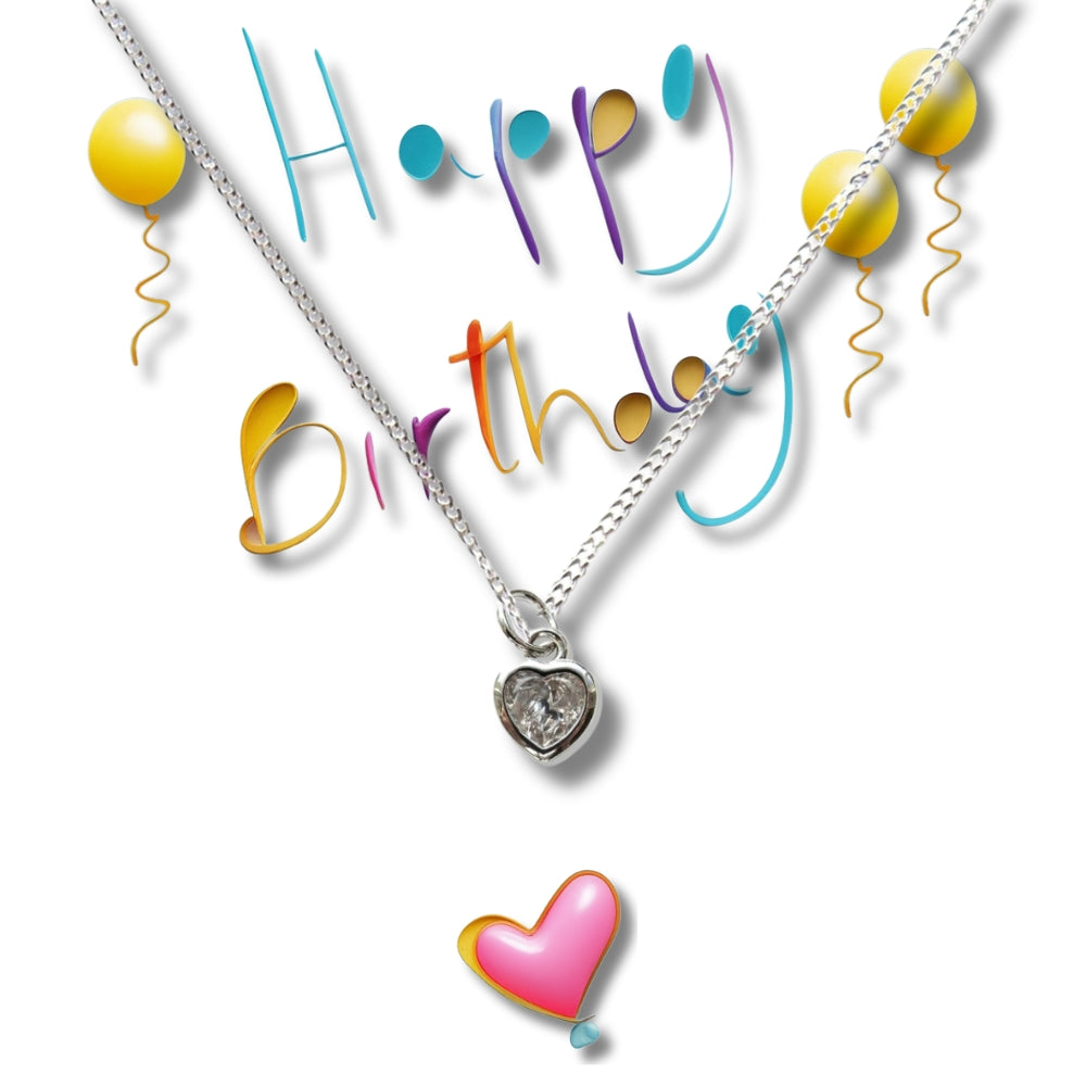 Happy Birthday Party Card & Cubic Zirconia Heart Necklace