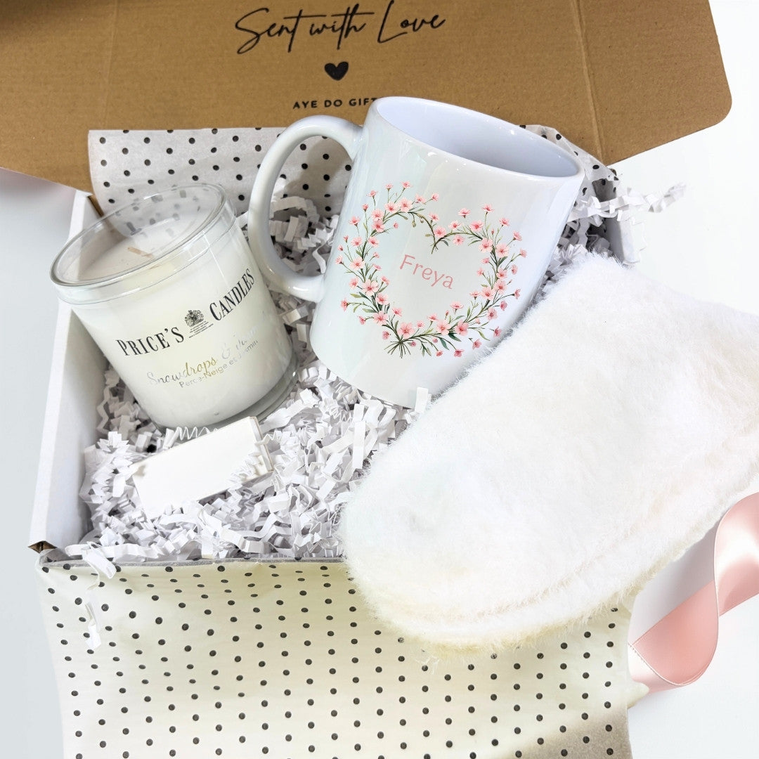 Personalised Pink Flowers Heart Name Mug, Candle & Socks Gift Hamper | Sister Friend Daughter