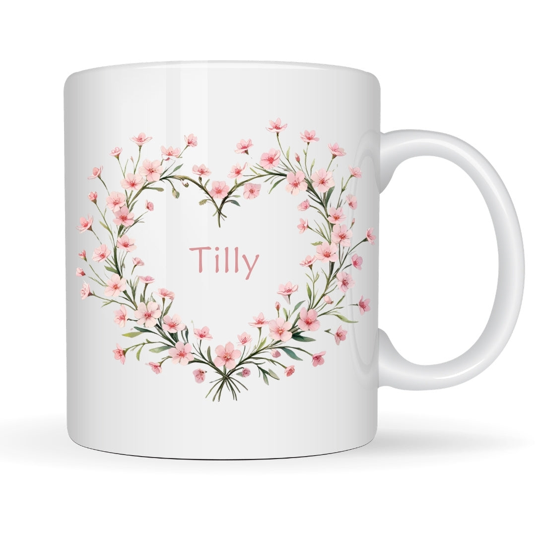 Personalised Pink Flower Heart Name Mug Gift | Sister Daughter Mum