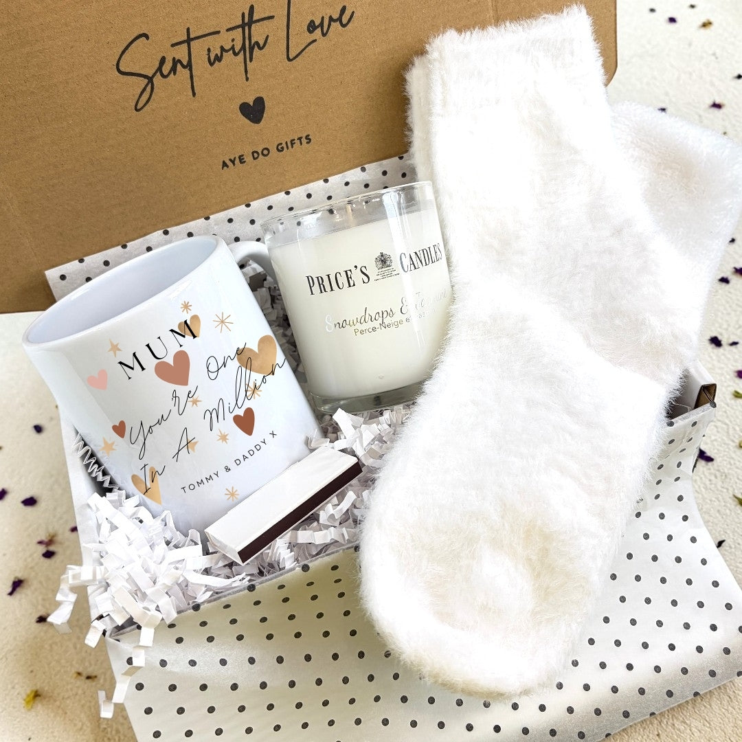 Personalised Mum You're One In A Million Mug, Candle & Socks Gift Hamper | Birthday Gift