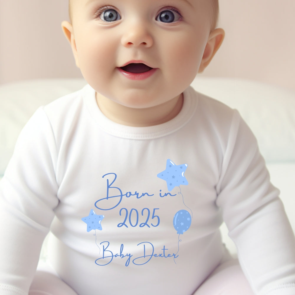 Personalised Born in 2025 Blue Balloons Baby Outfit: Bib, Vest, Baby Grow