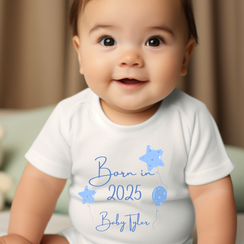 Personalised Born in 2025 Blue Balloons Baby Outfit: Bib, Vest, Baby Grow