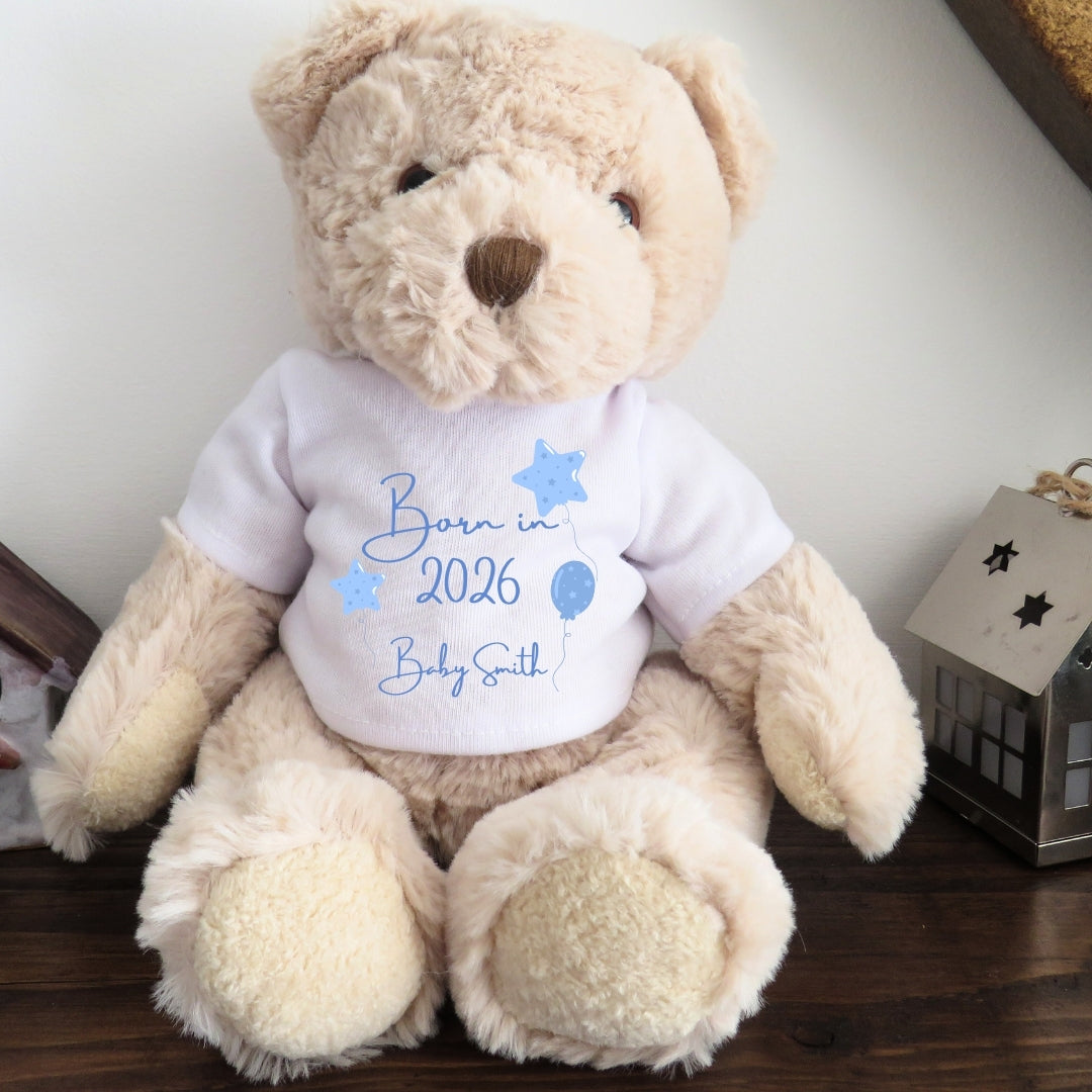 Personalised Luxury Teddy Bear - Born in 2026 Blue Balloons Shirt