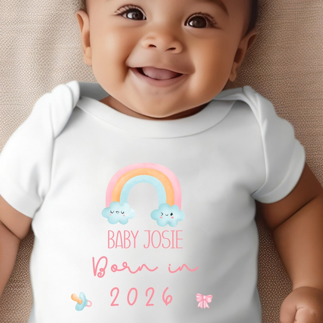 Personalised Born in 2026 Rainbow Outfit: Bib, Vest, Baby Grow