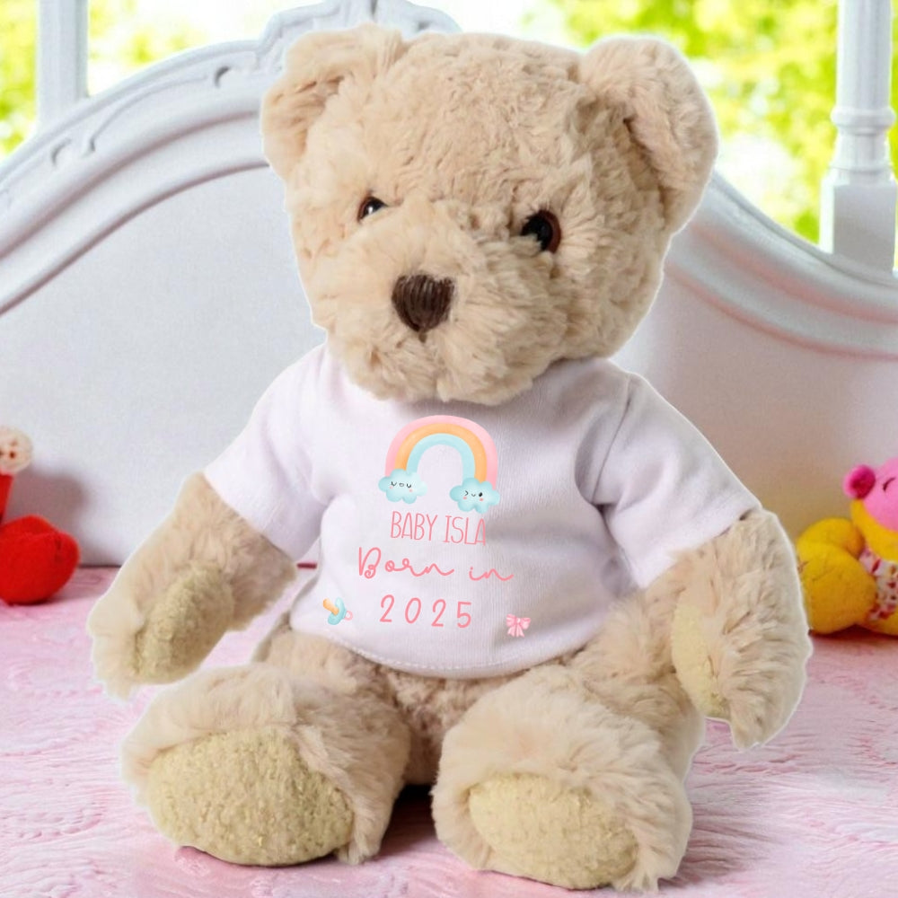Personalised Luxury Teddy Bear | Born in 2025 Rainbow T-Shirt