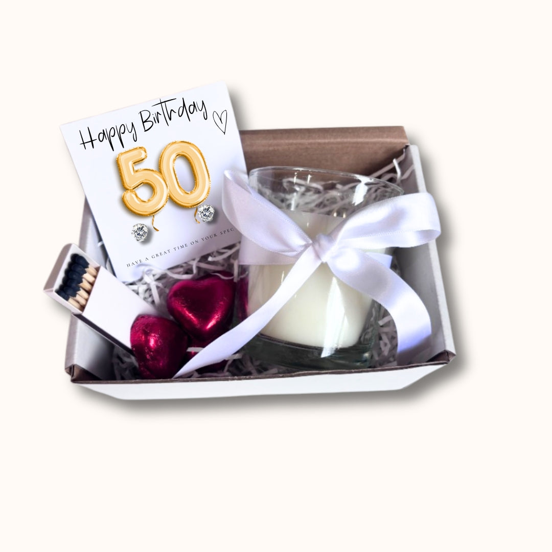 Small 50th Birthday Gold Balloon Hamper | Candle, Earrings, Chocolates