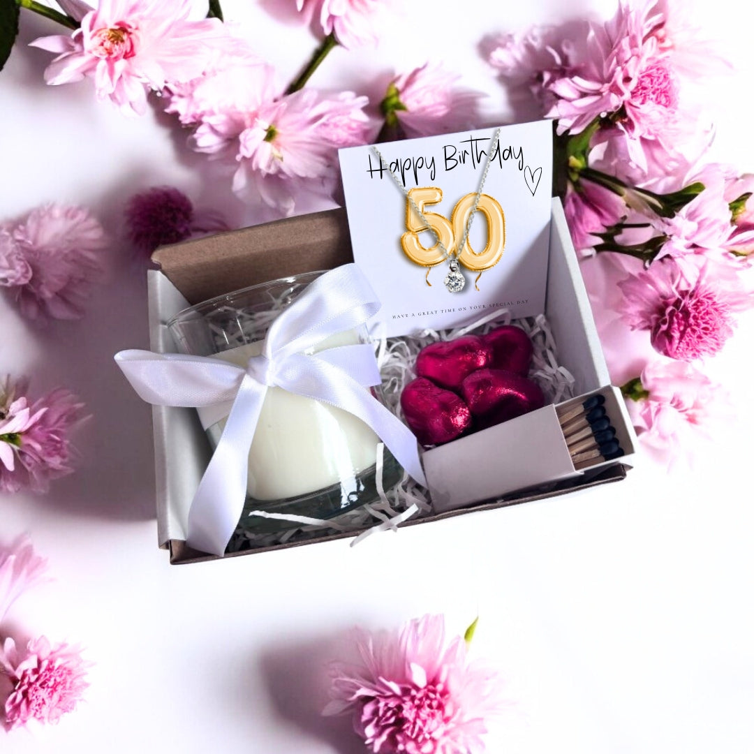 Small 50th Birthday Gold Balloon Hamper | Candle, Necklace, Chocolates