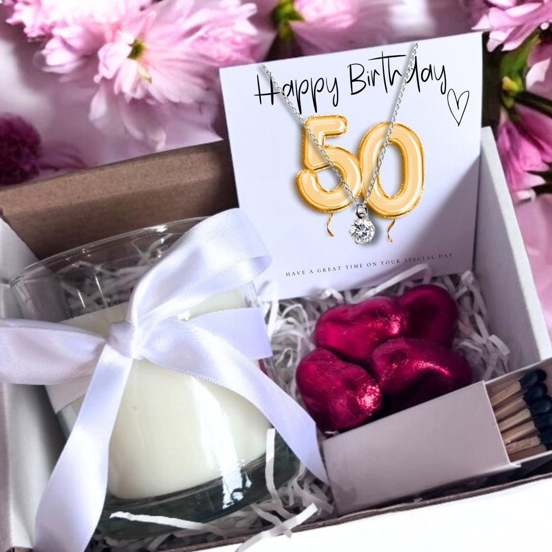 Small 50th Birthday Gold Balloon Hamper | Candle, Necklace, Chocolates