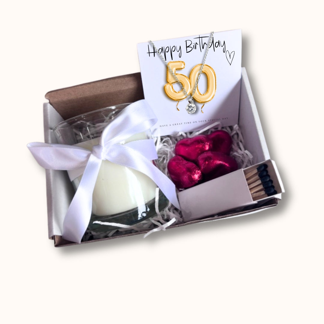 Small 50th Birthday Gold Balloon Hamper | Candle, Necklace, Chocolates