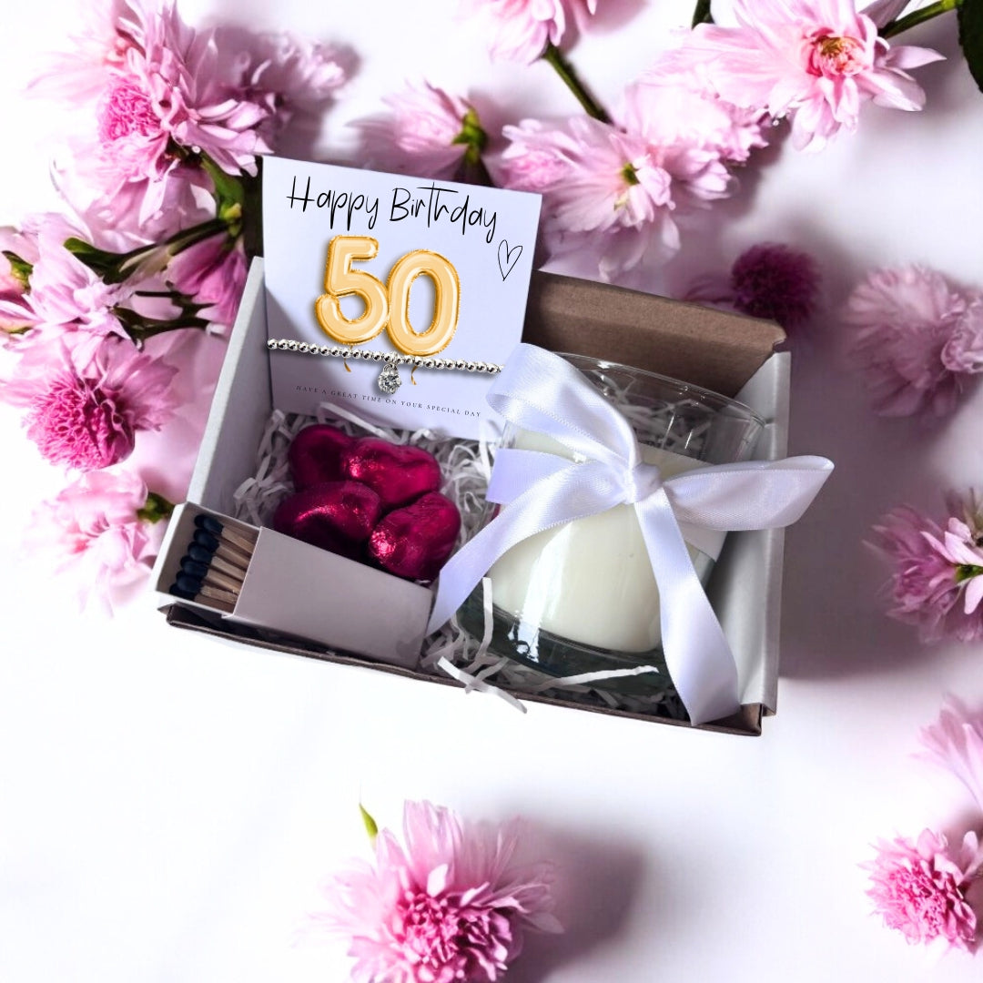 Small 50th Birthday Gold Balloon Hamper | Candle, Bracelet, Chocolates