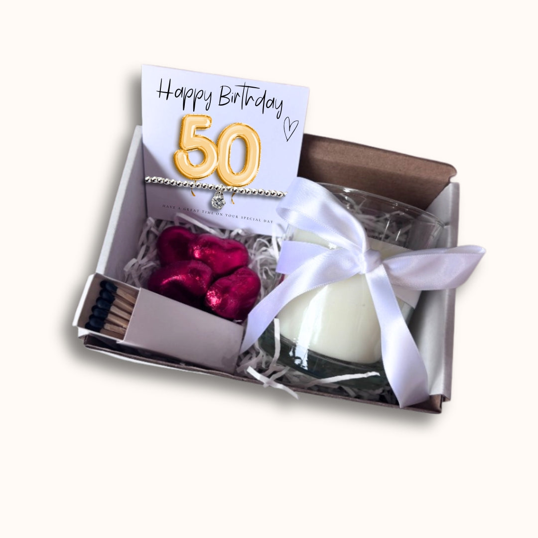 Small 50th Birthday Gold Balloon Hamper | Candle, Bracelet, Chocolates