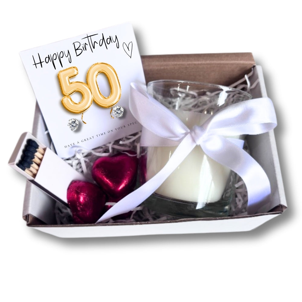 Small 50th Birthday Gold Balloon Hamper | Candle, Earrings, Chocolates