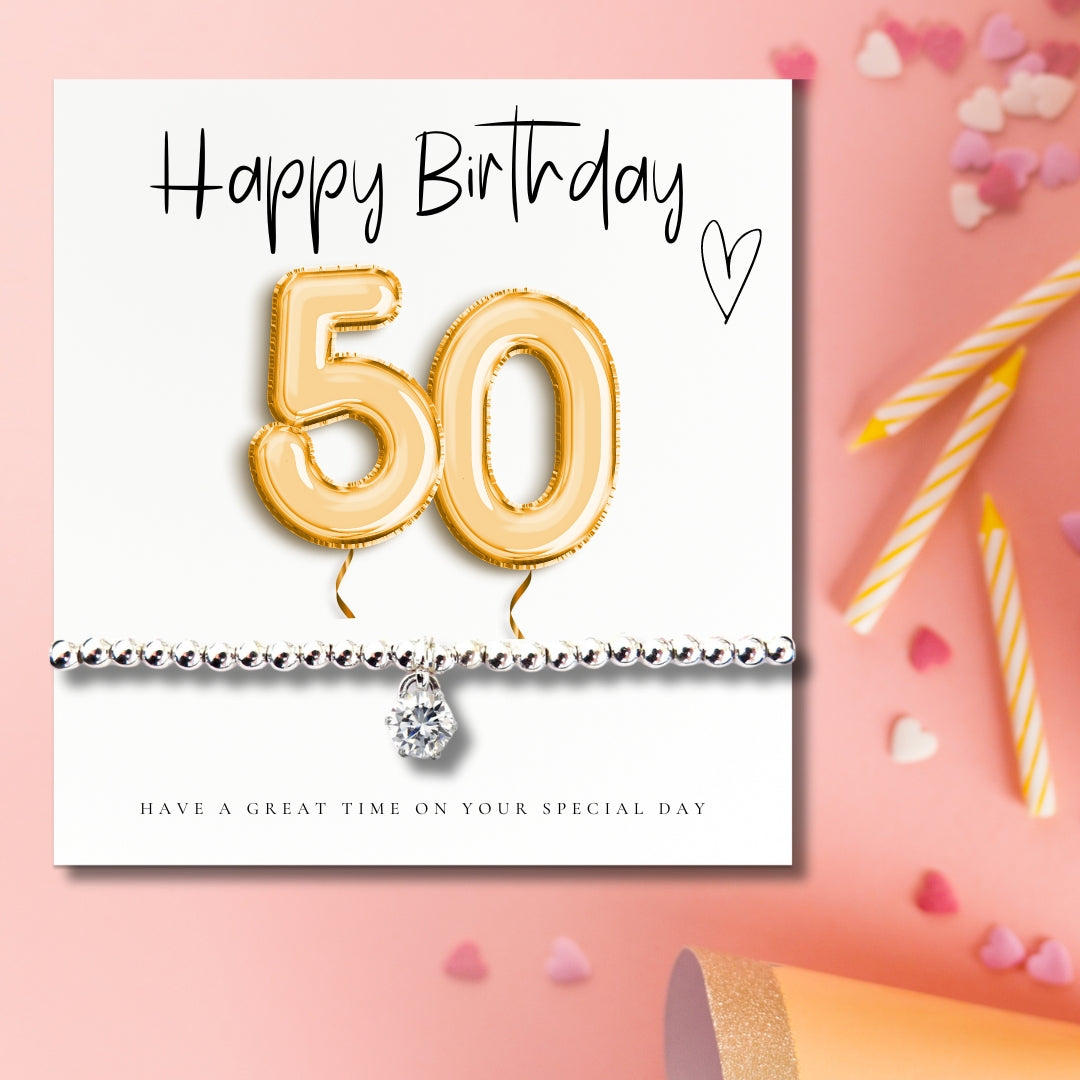50th Birthday Cubic Zirconia Silver Bracelet & Gold Balloons Card