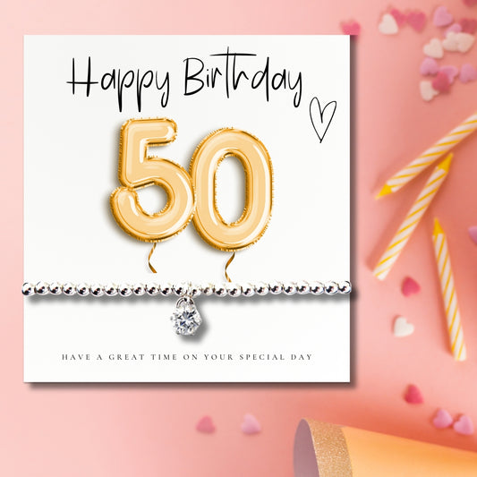 50th Birthday Cubic Zirconia Silver Bracelet & Gold Balloons Gift Card