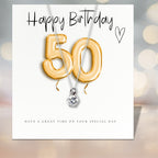 50th Birthday Cubic Zirconia Silver Necklace, Gold Balloons Gift Card
