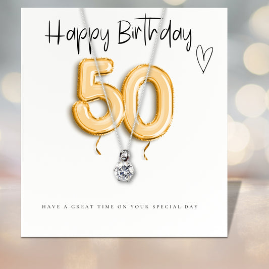 50th Birthday Cubic Zirconia Silver Necklace & Gold Balloons Gift Card