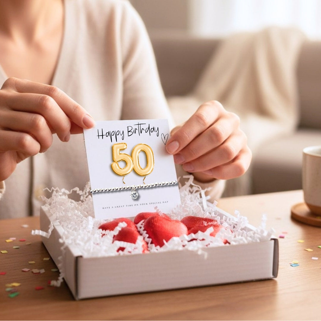 50th Birthday Cubic Zirconia Silver Bracelet & Gold Balloon Mini Gift Hamper