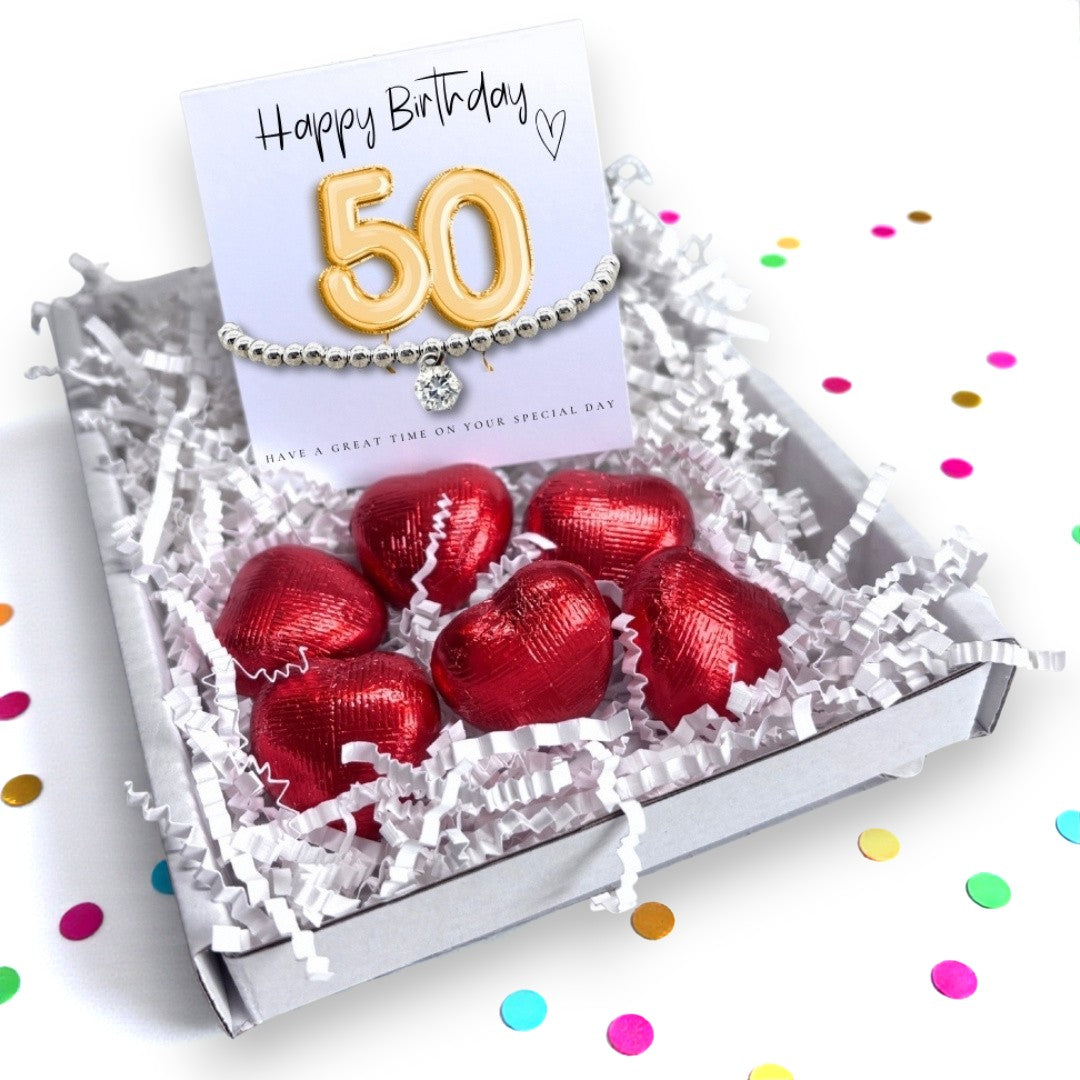 50th Birthday Cubic Zirconia Silver Bracelet & Gold Balloon Mini Gift Hamper