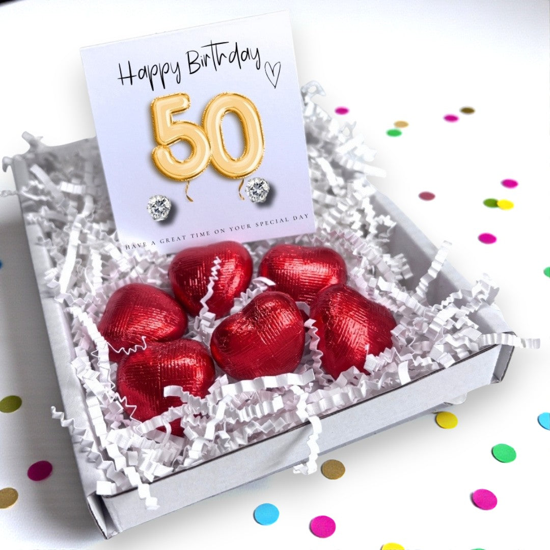 50th Birthday Cubic Zirconia Stud Earrings & Gold Balloons Mini Gift Hamper