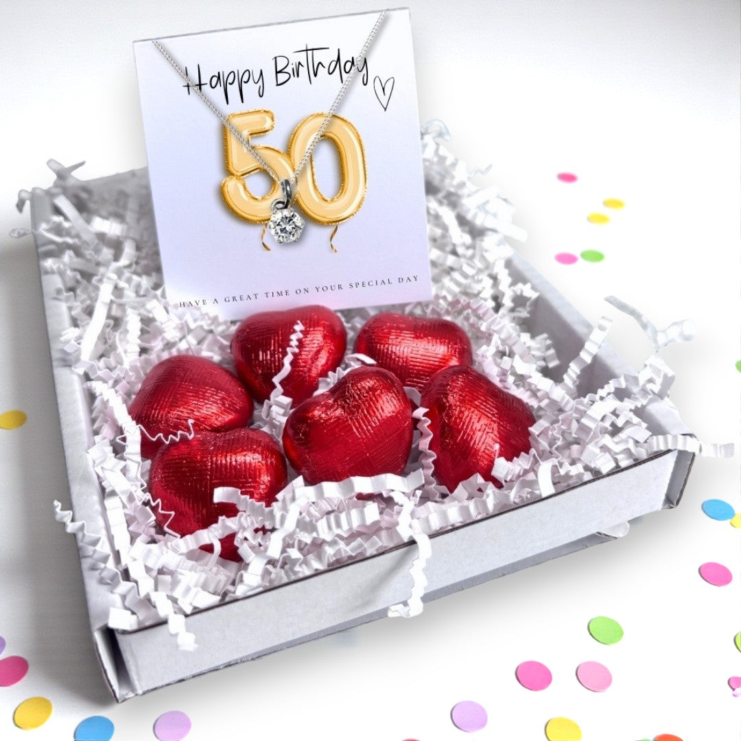 50th Birthday Cubic Zirconia Silver Necklace & Gold Balloons Mini Gift Hamper