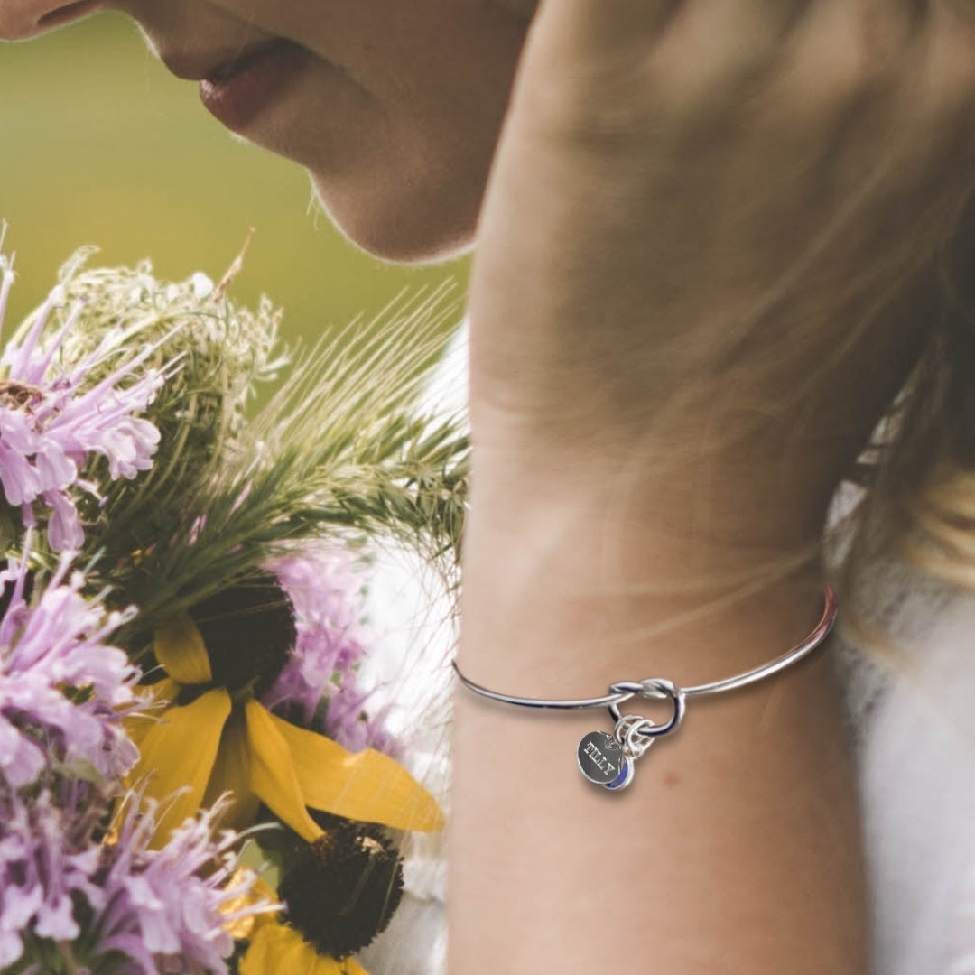 Personalised Silver Knot Birthstone Charm Bangle
