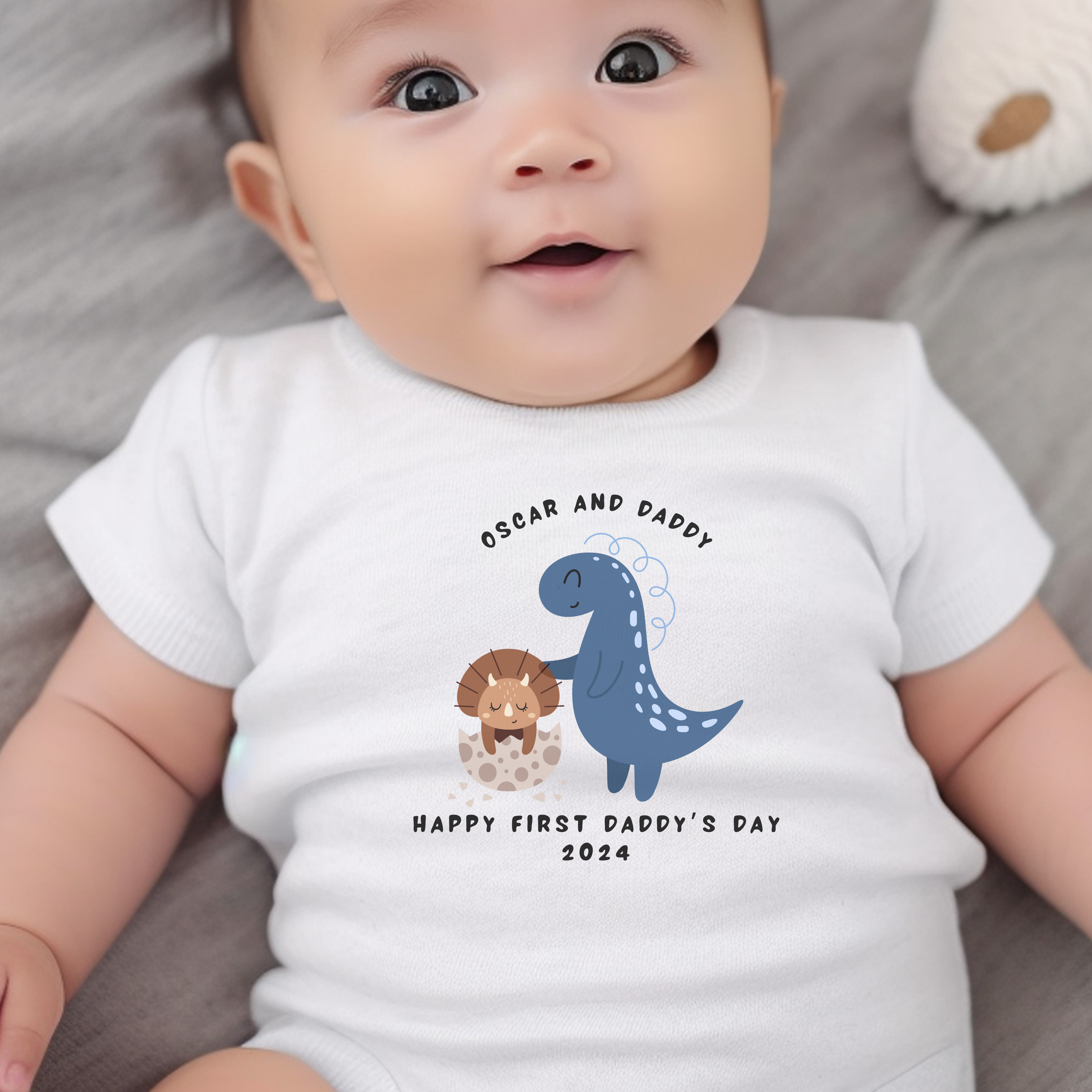 Personalised 1st Fathers Day Dinosaur Baby Outfit: Bib, Vest, Grow