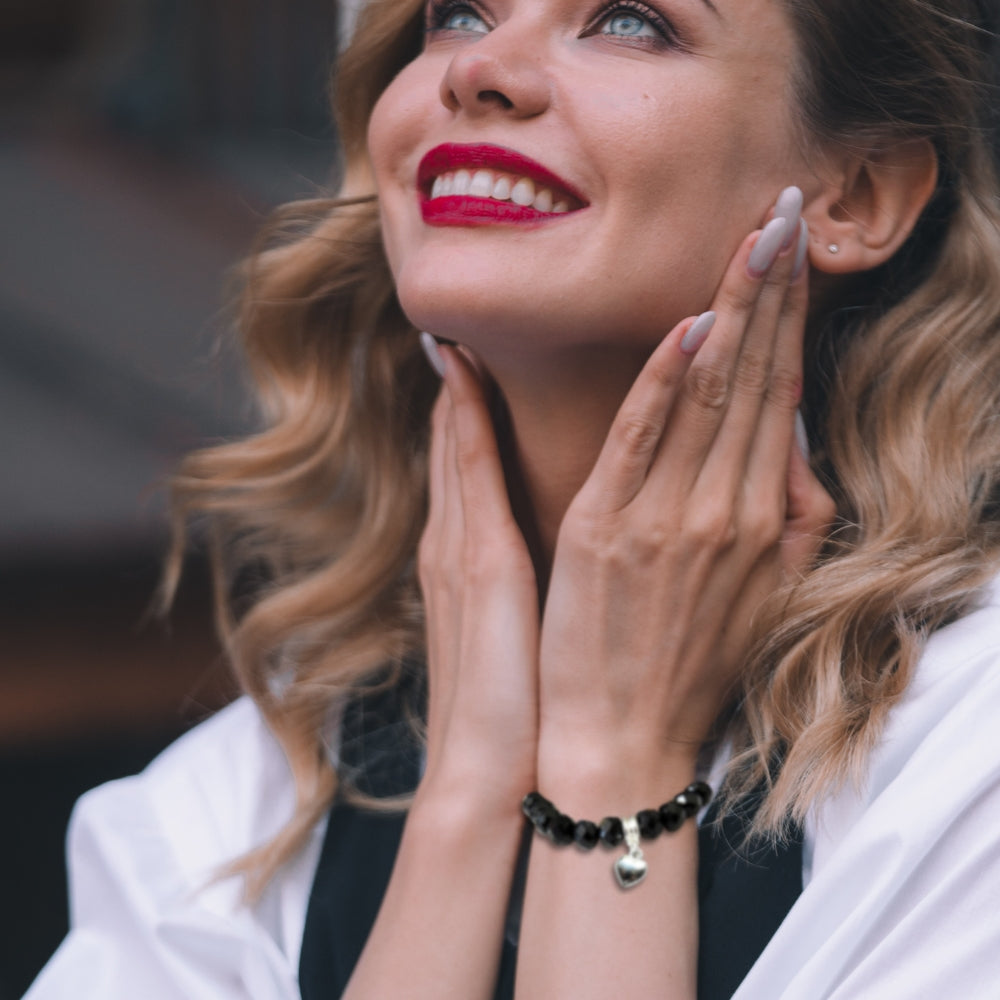 Black Crystal Beaded Heart Charm Bracelet