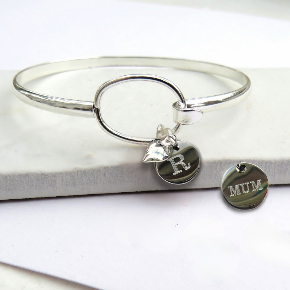 Personalised Silver Loop Heart Charm Bangle