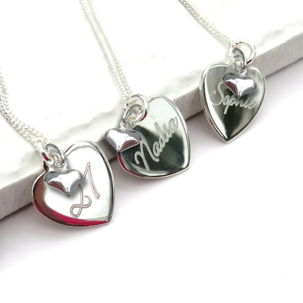 Personalised Sterling Silver Heart & Mini Heart Necklace