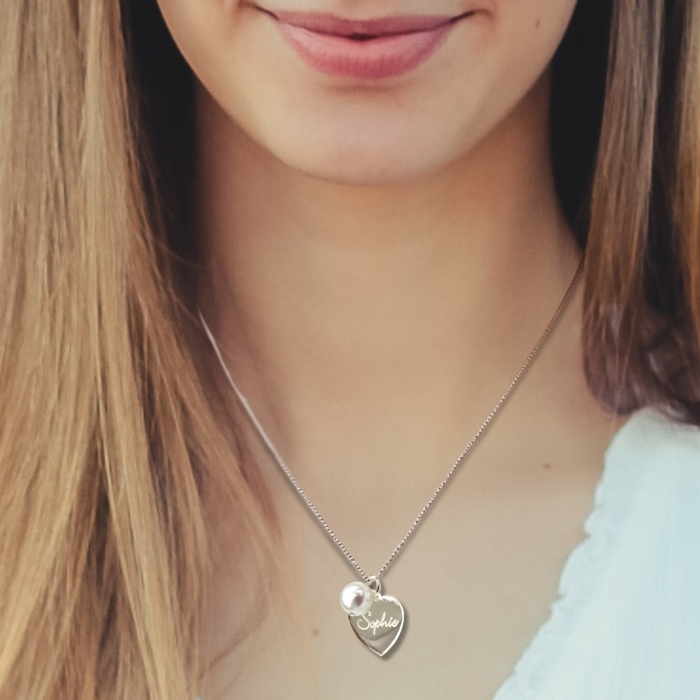 Personalised Script Heart Necklace & Pearl