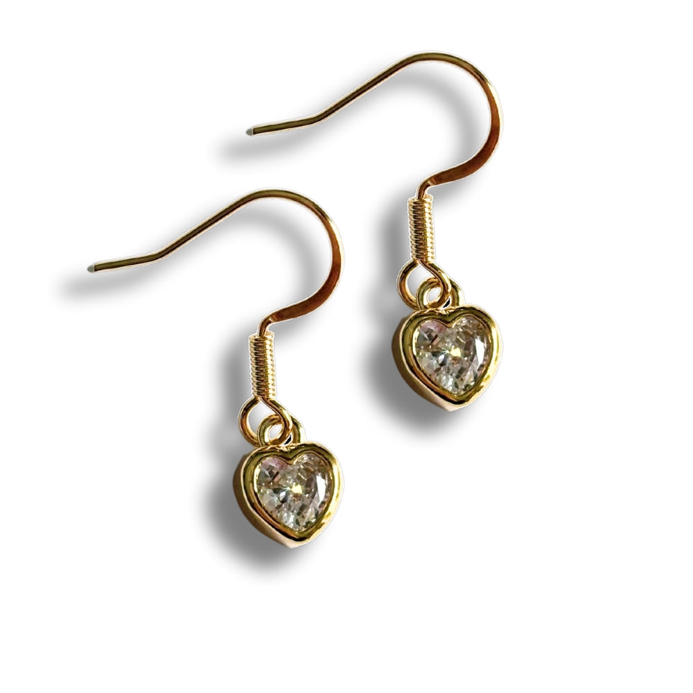 Cubic Zirconia Gold Heart Drop Earrings