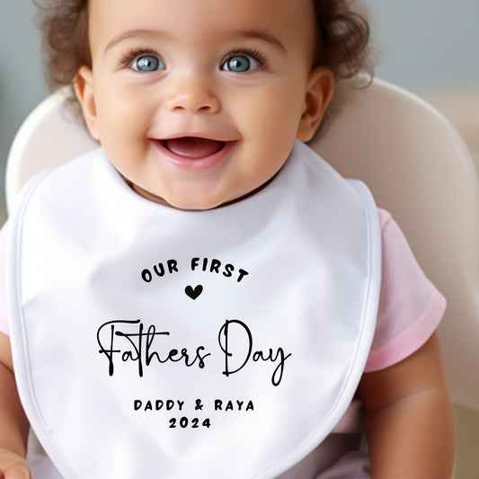 Personalised Black and White Our First Fathers Day Baby Bib
