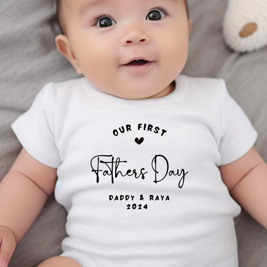 Personalised Black and White Our First Fathers Day Baby Vest