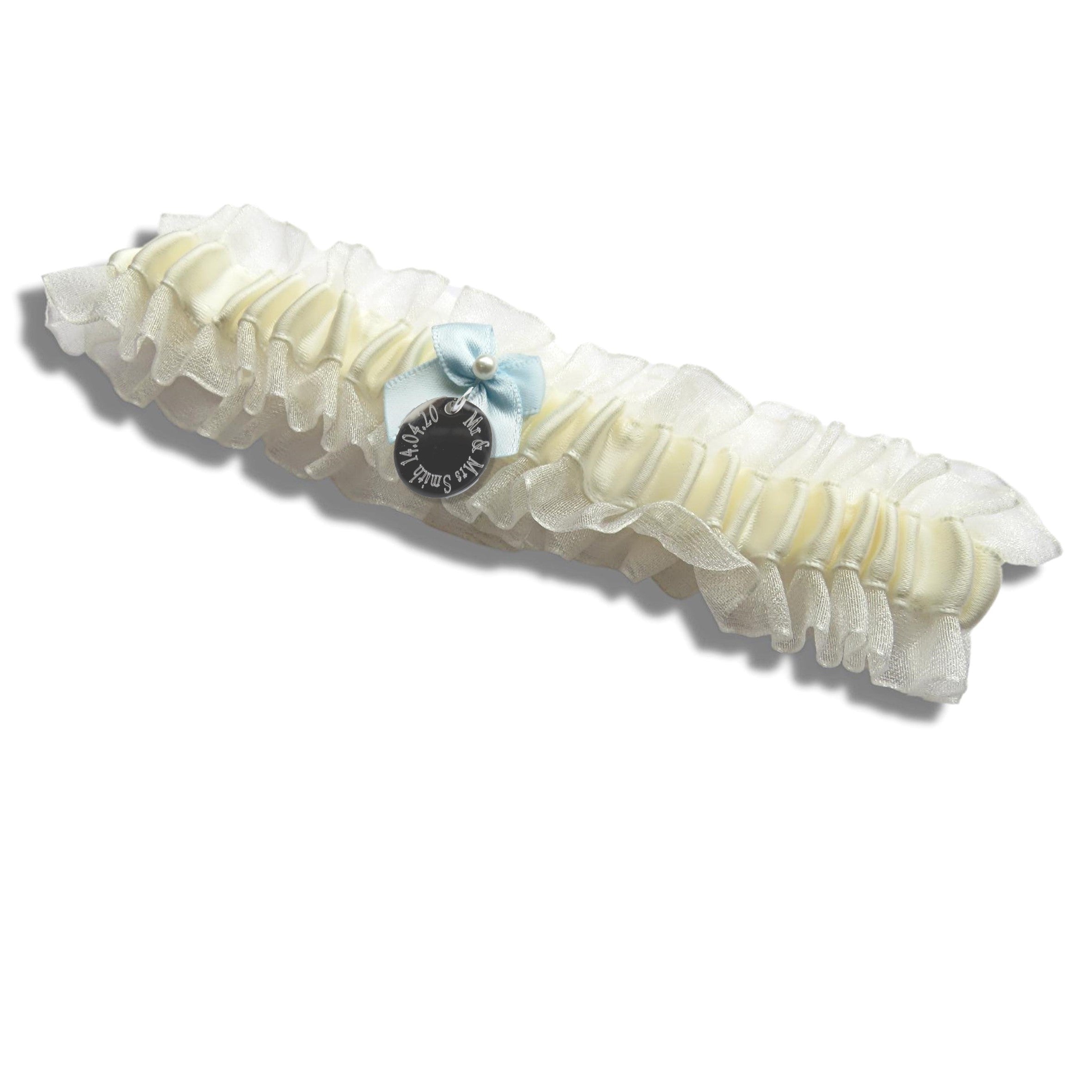 Personalised Something Blue Wedding Garter and Engraved Charm