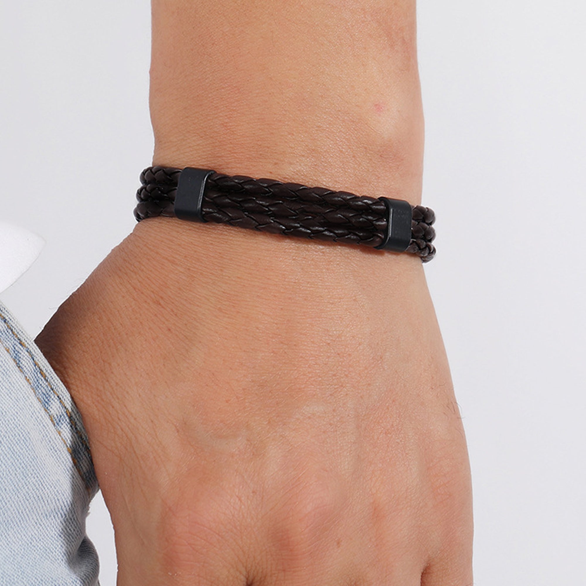 Men's Black Leather Clasp Bracelet