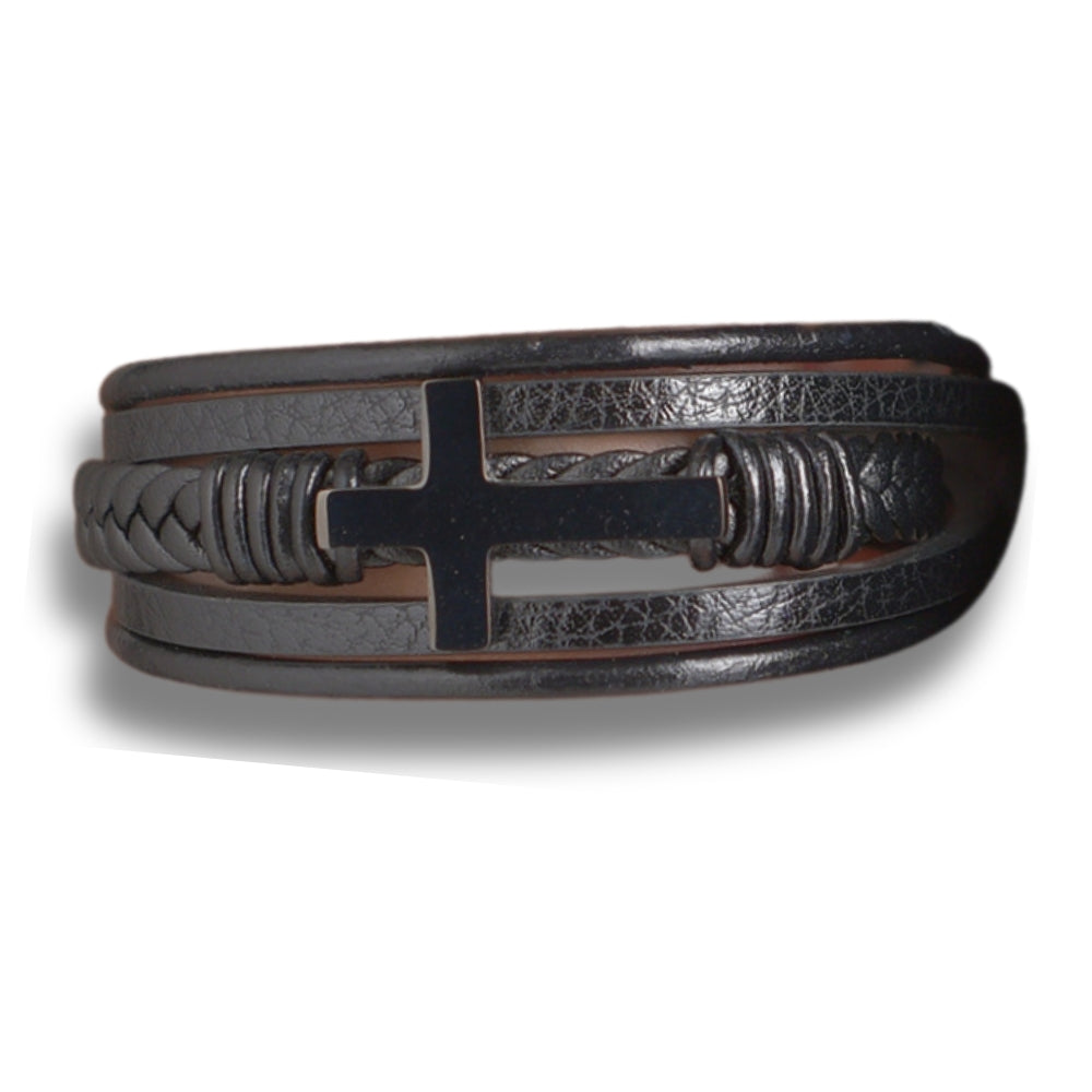 Men's Black Leather Cross Bracelet