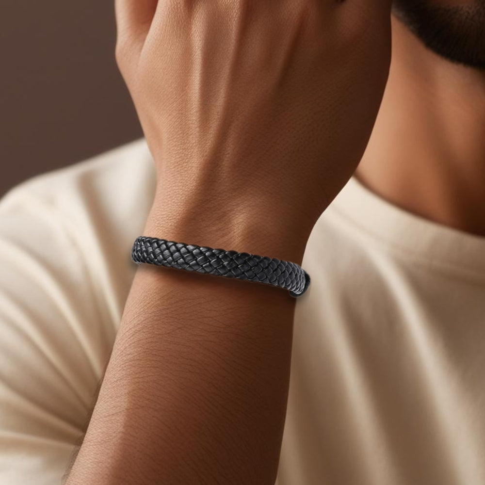 Personalised Men's Black Faux Leather Weave Bracelet