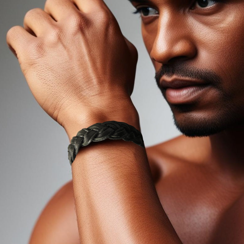 Men's Black Pleated Real Leather Bracelet
