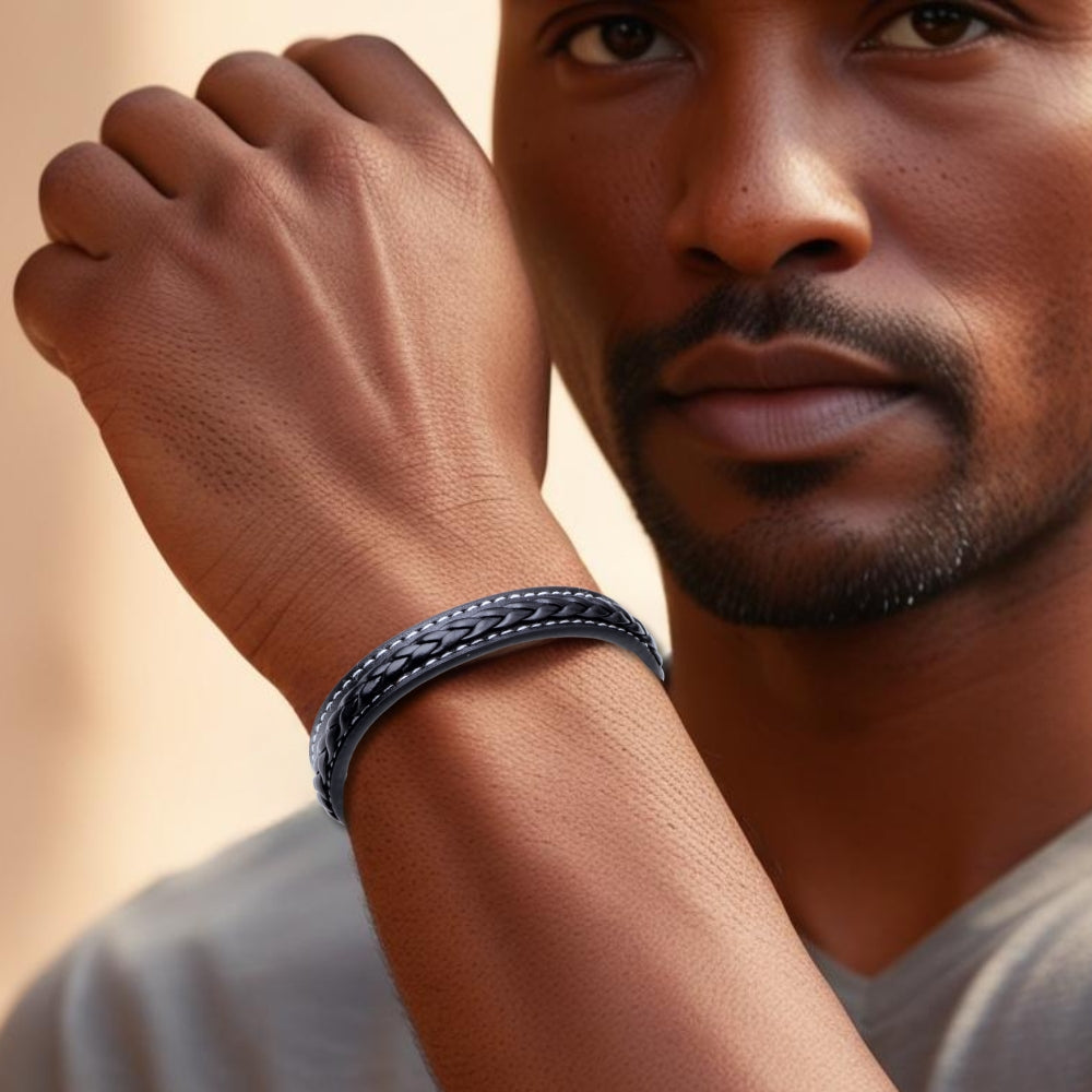 Personalised Men's Faux Black Leather Bracelet