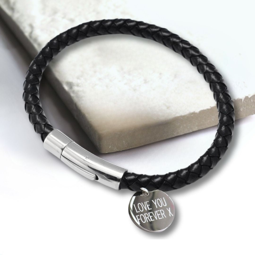 Personalised Men's Black Leather Rope Bracelet