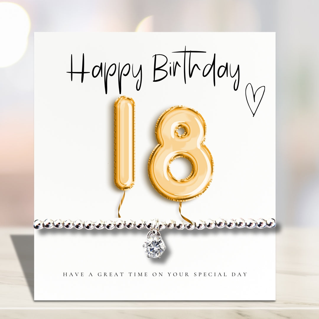 18th Birthday Cubic Zirconia Silver Bracelet & Gold Balloons Gift Card