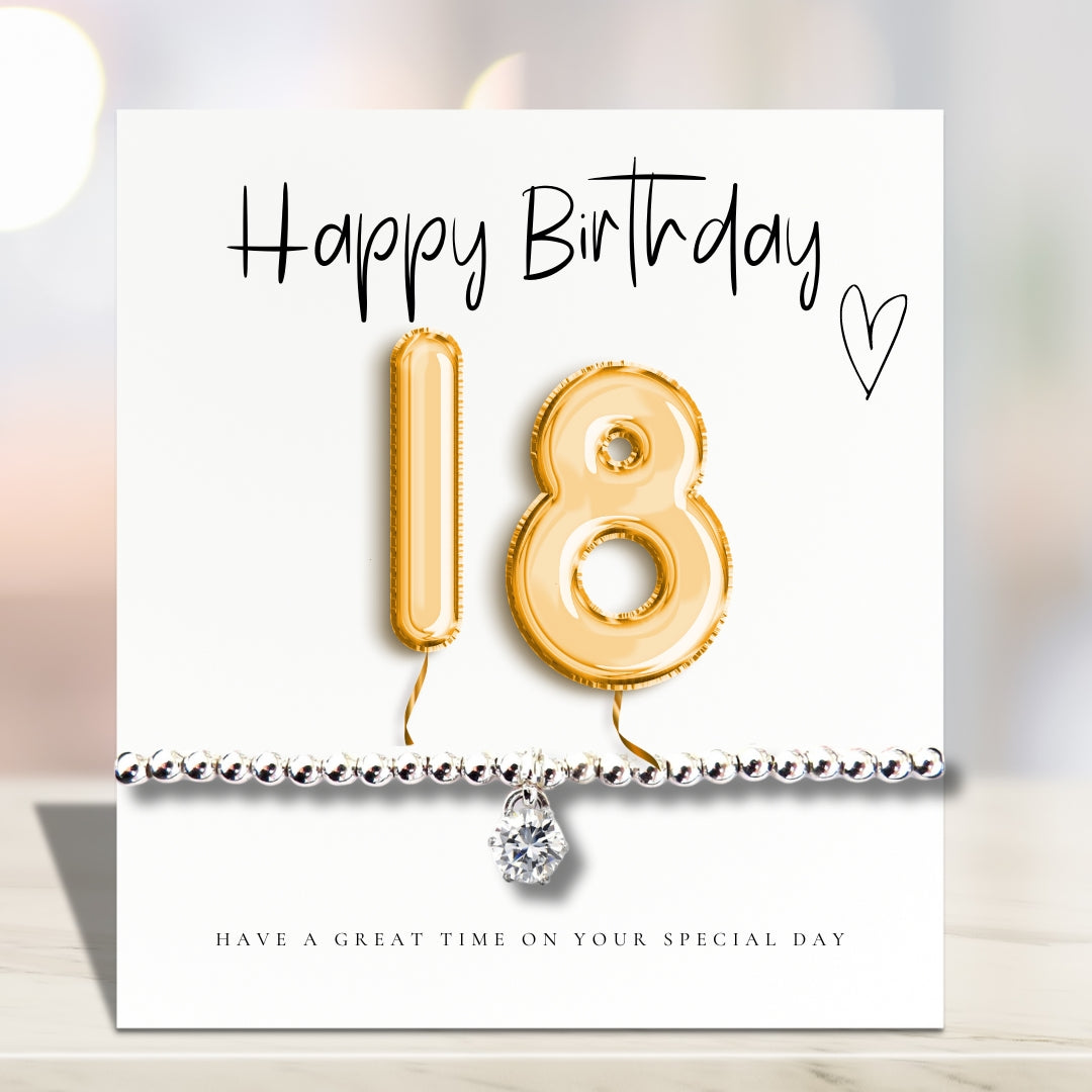 18th Birthday Cubic Zirconia Silver Bracelet & Gold Balloons Card