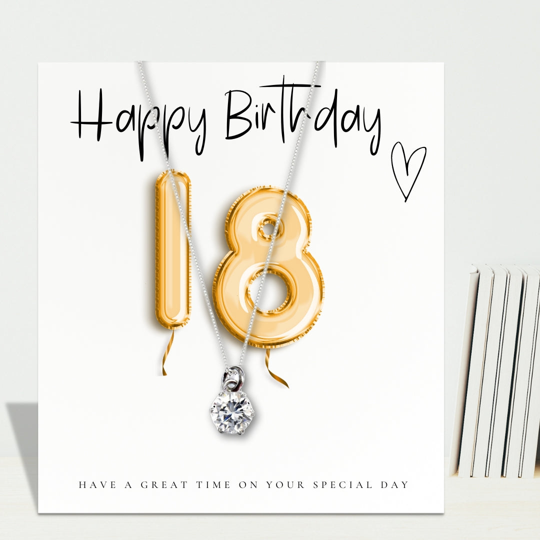 18th Birthday Cubic Zirconia Silver Necklace & Gold Balloons Gift Card