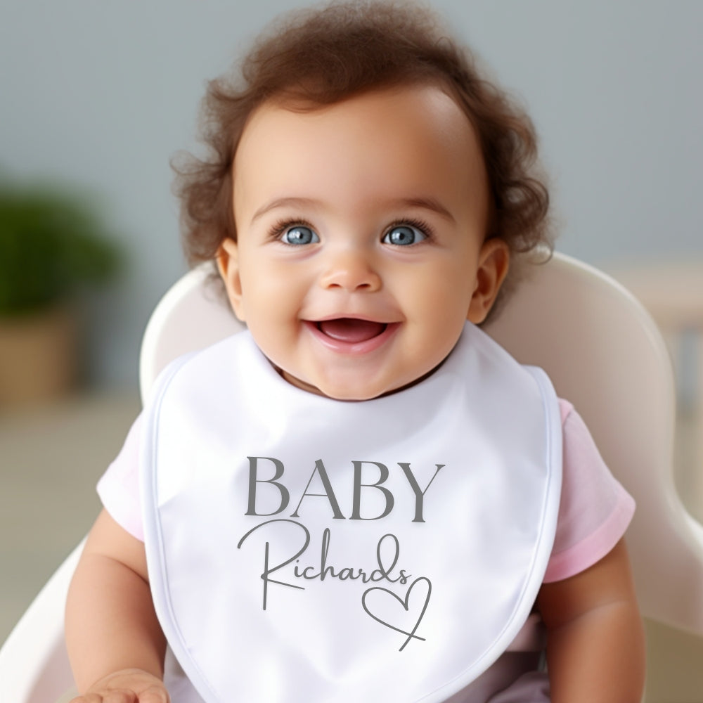 Personalised Surname Heart Baby Outfit: Bib, Vest, Baby Grow