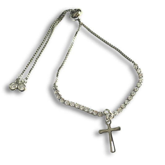 Silver Cross Charm on Fine Diamante Slider Bracelet