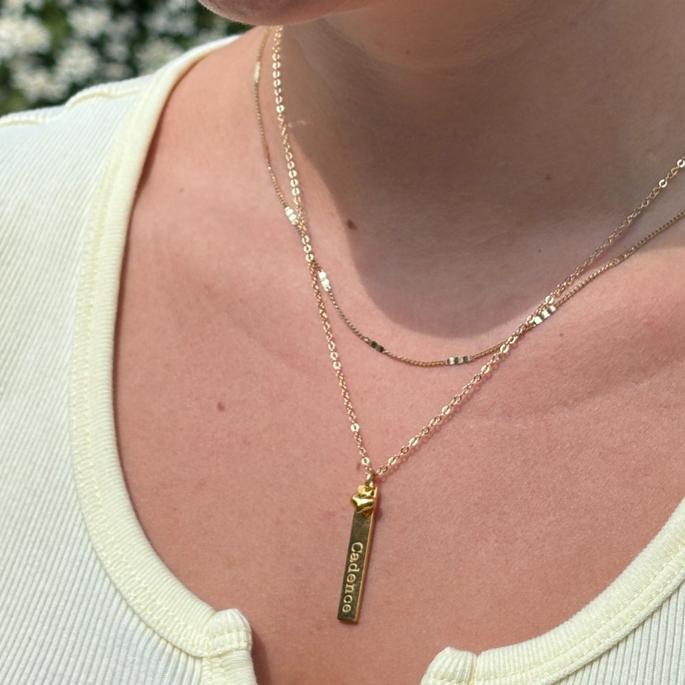 Personalised Gold Thin Bar Necklace &  Mini Heart Charm