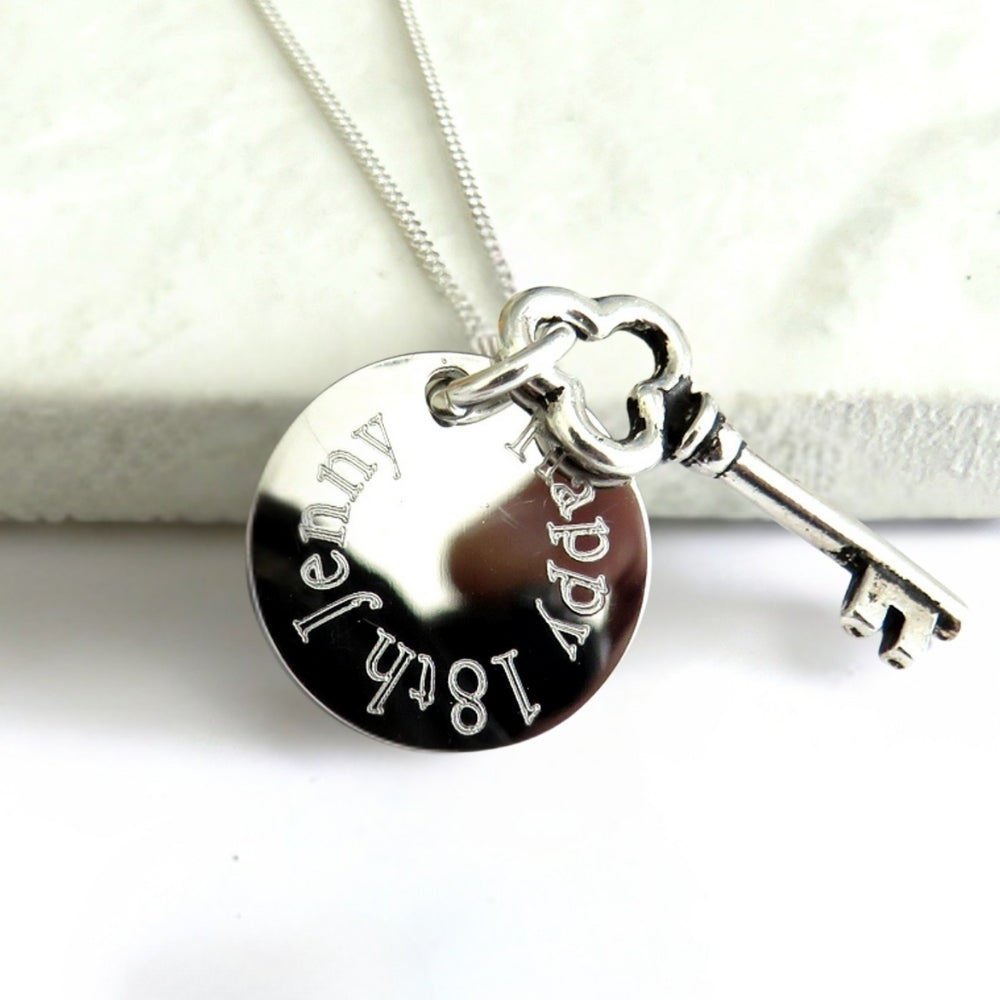 Personalised Edge Silver Key Charm Necklace