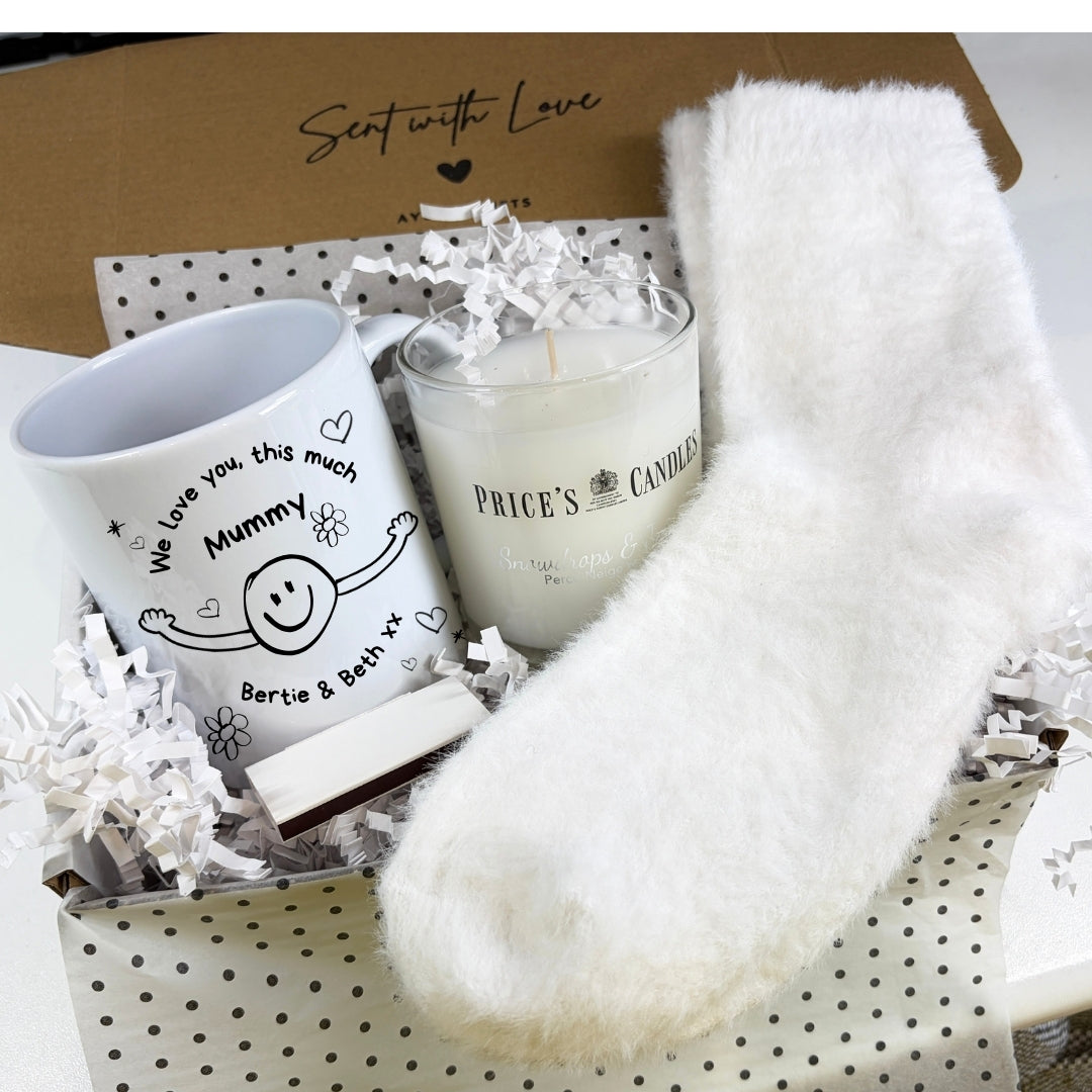 Personalised I Love You This Much Mug, Candle & Socks Gift Hamper | Birthday Gift