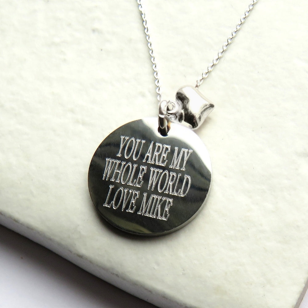 Personalised Silver Disc & Mini Heart Necklace